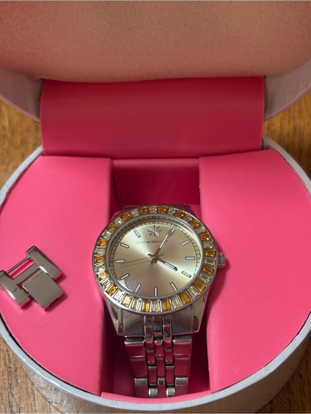 Isaac Mizrahi Silver Watch with Yellow Crystal Bezel